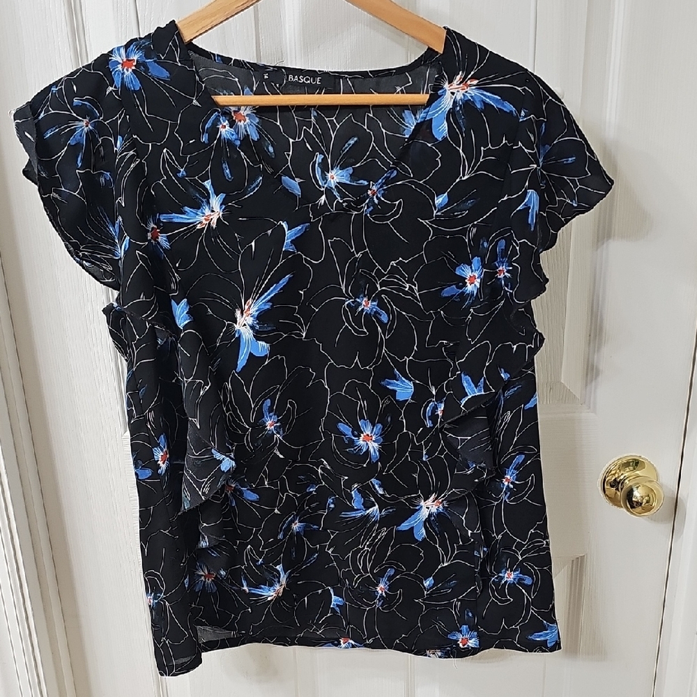 Basque Black and Blue Floral Blouse Size 14